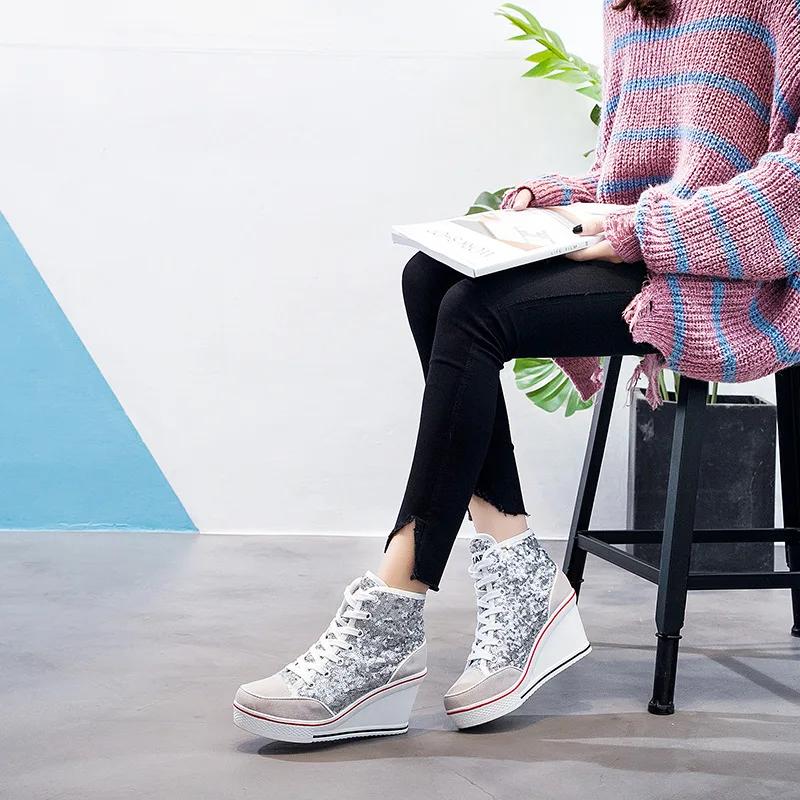 Fashion 8CM autumn Women Shoes Pink Black Silver Glitter Vulcanize Woman Platform Wedge Sneakers Casual Zapatos De Mujer
