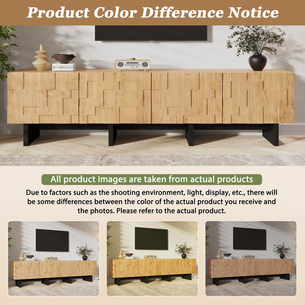 TV cabinet, TV board for TVs up to 75 inches, with lots of storage space, with 4 waffle-grid cabinet doors, natural wood color, 180×38.5×45cm