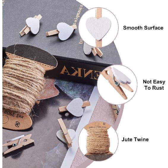 Pandahall 100pcs White Heart Clothespins Wooden Photo Paper Peg Pin Craft Clips with 10.9 Yards Natural Jute Twine for Paper Photo Display Hanging