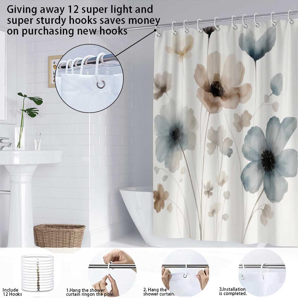 1Pc Elegant Floral Print Shower Curtain Set With Hooks,Watercolor Flower Design, Lightweight Polyester,All-Season Bathroom Decor