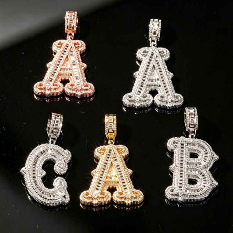 European and American New Hip Hop 26 English Letter Necklace Copper Set Zircon with Thorn Rock Sugar Letter Men's Necklace Pendant
