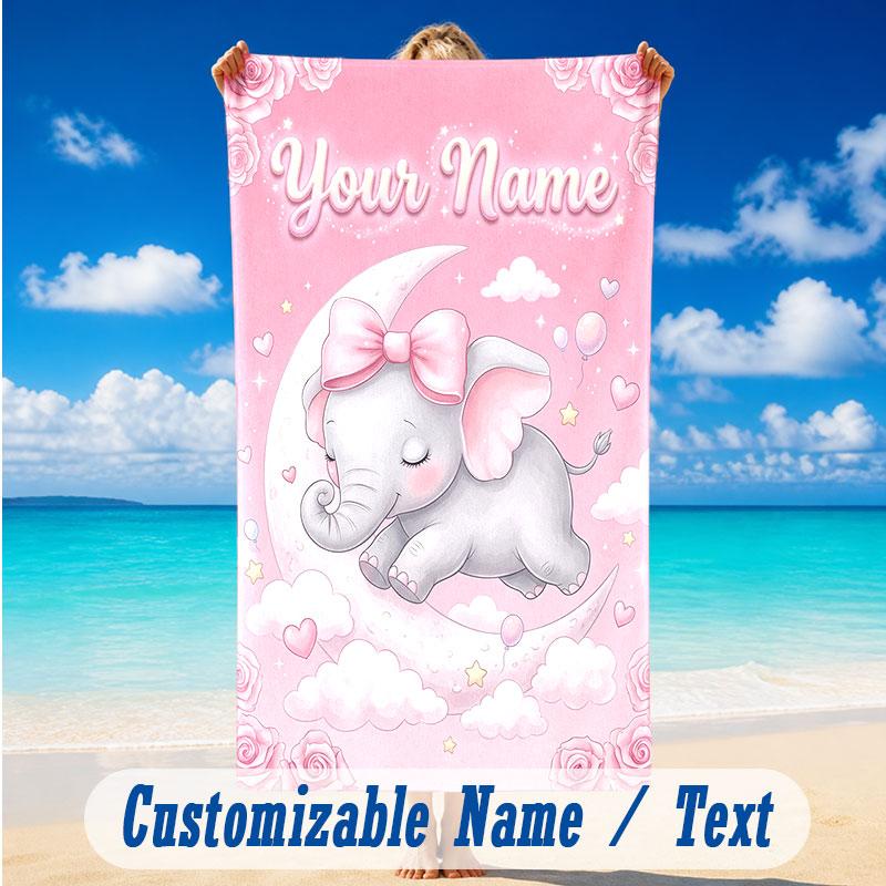 Elephant Theme Beach Towel Personalized Custom Name & Text Soft Quick Dry Beach Towel for Swimming Travel
