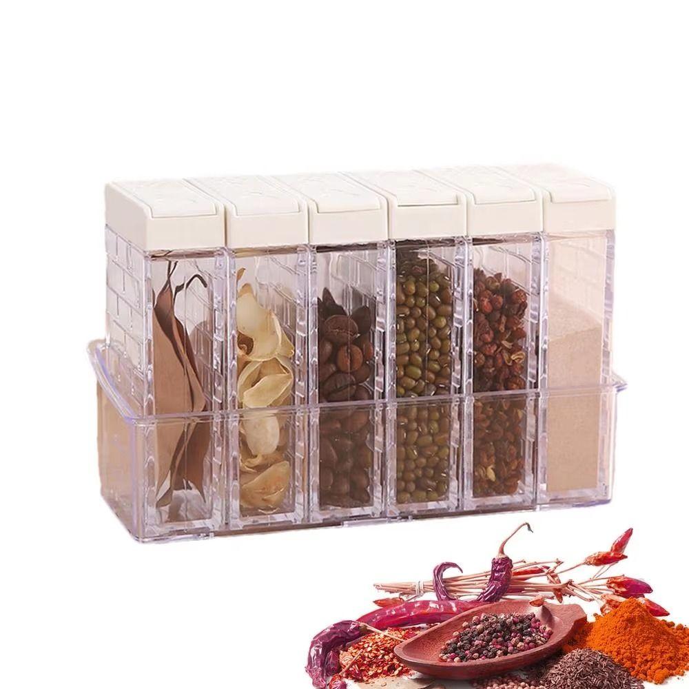 6Pcs/Set 6-in-1 Spices Container Set Double Opening Cover Plastic Seasoning Storage Box Portable with Lid Spice Canister Set