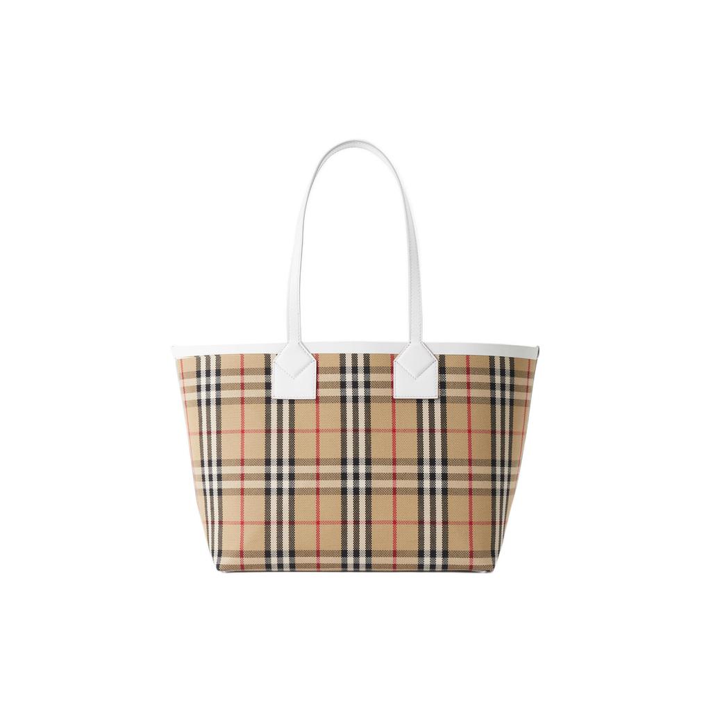 Burberry London Abnehmbare Reißverschluss-Aufbewahrungstasche Offenes Design Leder Leinwand Tragetasche Einkaufstasche Handtasche Klein Damen-Tote Beige Weiß 80723311