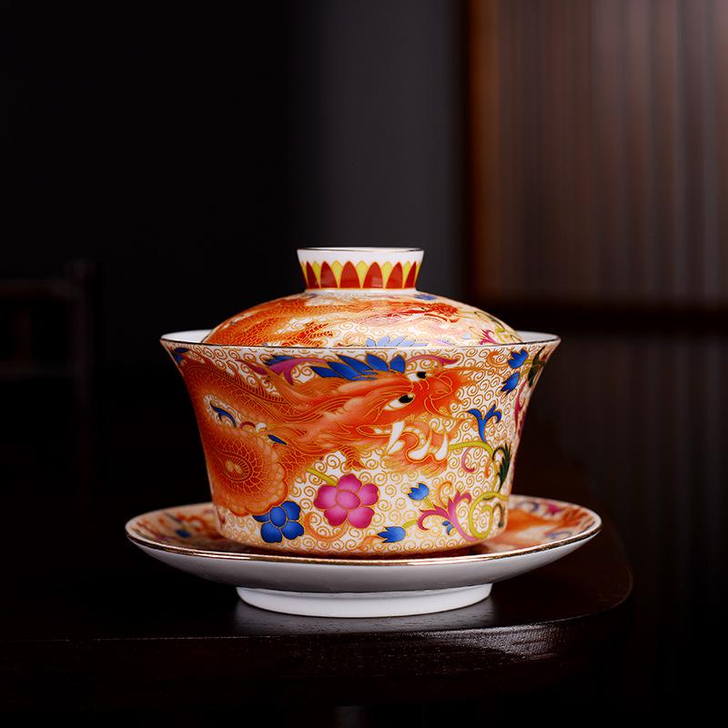 HMLOVE Color Enamel Sancai Gaiwan Large Capacity White Porcelain Cover Bowl Lid Saucer Big Tea Cup Tureen Travel Teaware Sets