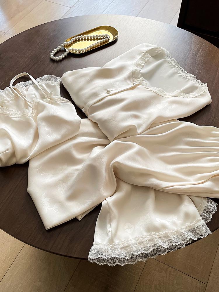 

Women s Mulberry Silk Striped Three-Piece Pajama Set - Camisole, Robe, Long Sleeve, Long Pants for Spring, Summer, Autumn L (55-70 kg)