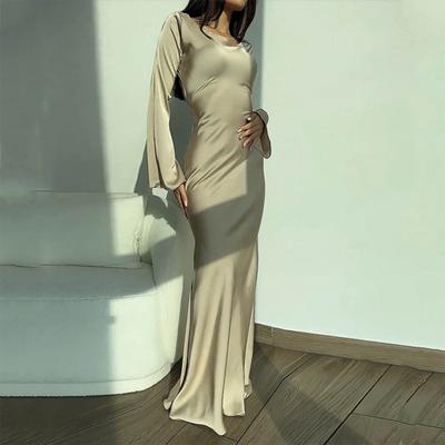 Spring Women Dress Solid Color Round Neck Long Horn Sleeve Satin Floor Length Tight Waist Soft Breathable Evening Dress Prom Party Maxi Dress