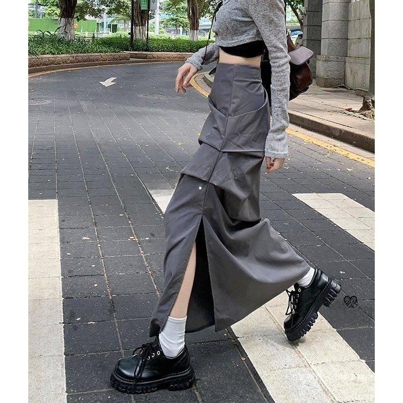 Cotton Blend High Waist Pleated Split Midi Skirt For Women Spring Summer