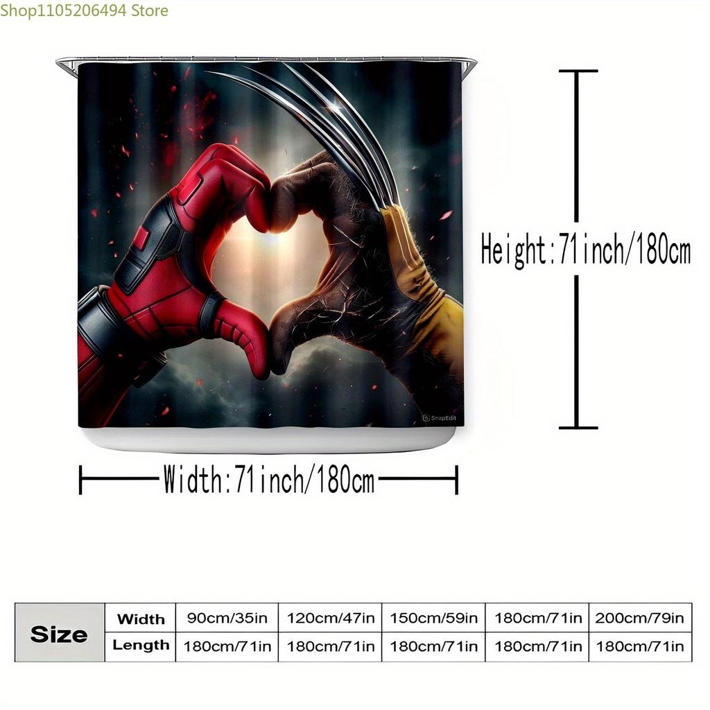1pc Marvel Deadpool & Wolverine Heart Hands Design Shower Curtain with Hooks - Polyester Fabric, Vibrant Superhero Print, Bath