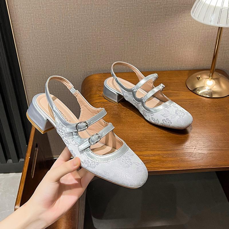 Fashion embroider silk gladiator sandals women square toe double belt summer shoes woman med-high heels sandalias mujer big size 43