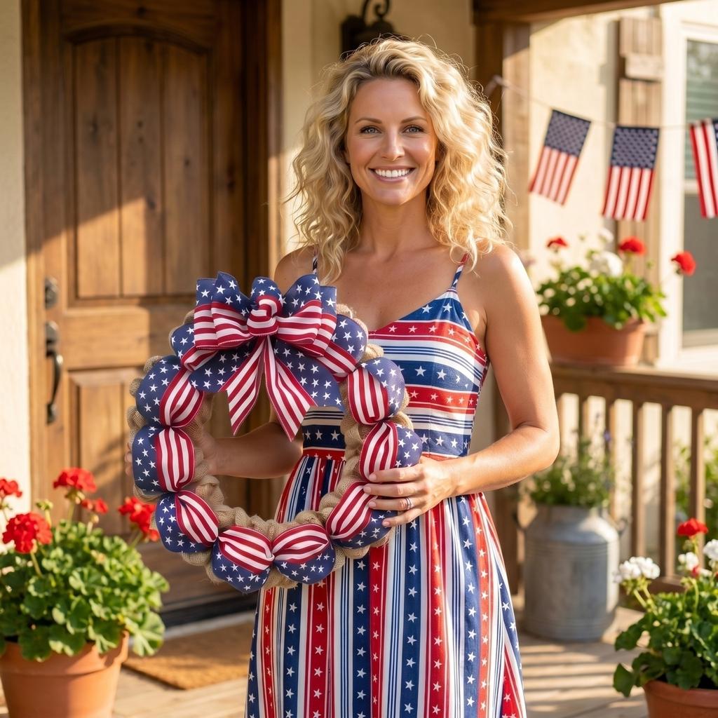 40cm Independence Day Wreath Decoration with Star and Stripe Pattern Ribbon and Burlap Base for Seasonal Home and Door Display