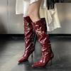 Fashion Fashion Pointed Toe Thin High Heels Boots Women Sexy Shiny Pleated Mid Calf Boots Woman Burgundy Black Pu Leather Botas Female