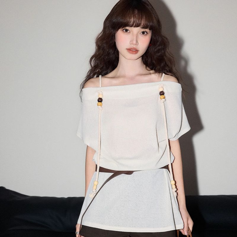 

Абрикосовая футболка на одно плечо с коротким рукавом для женщин на лето, плетеный топ средней длины с бусинами из пеньковой веревки 2XL