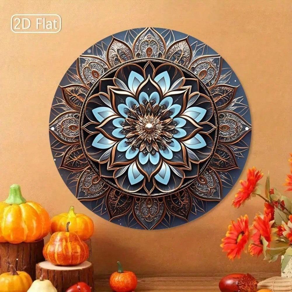 Tyrkysově modrá zlatá mandala kovové nástěnné umění 8x8 palců kulatá boho závěsná bezrámová dekorace do obývacího pokoje
