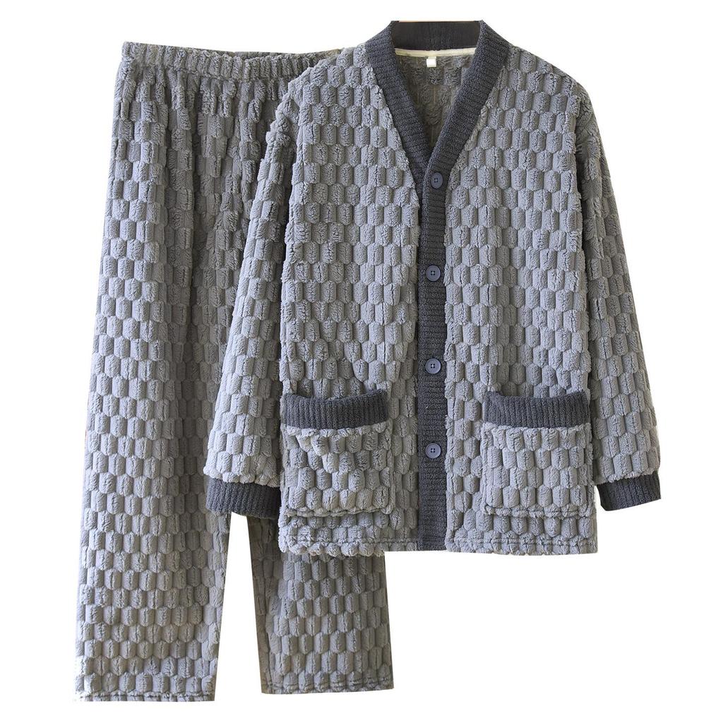 Men's Flannel Pajamas Set: Autumn-Winter, Thick Velvet, Warm & Loose Fit, Plus Size, Wearable Outdoors in Spring