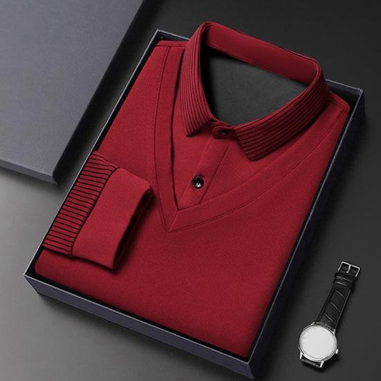 Men Fall Winter Top Fake Two-piece Pluish Lined Turn-down Collar Formal Business Style Shirt Mid-aged Men Father Office Work Clothes