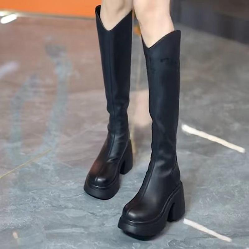 Round Toe Elegant Heeled Platform Leather Ladies Knee High Shaft Shoes Autumn Winter 2025 New Designer Luxury Women's Long Boots