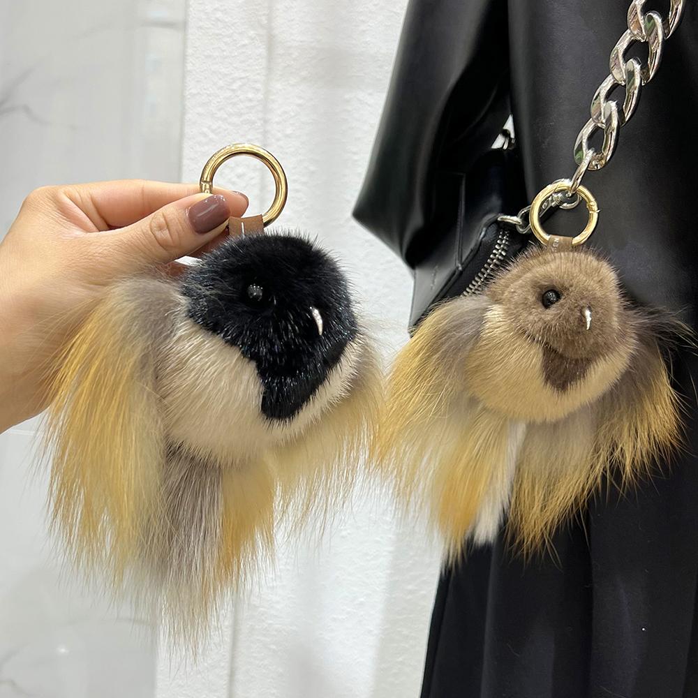 Mink Fur Keychain Men Annunciation Bird Pendant Keyring Bag Key Ornament Genuine Fur Toys Pom Pom Trinket Gifts Women