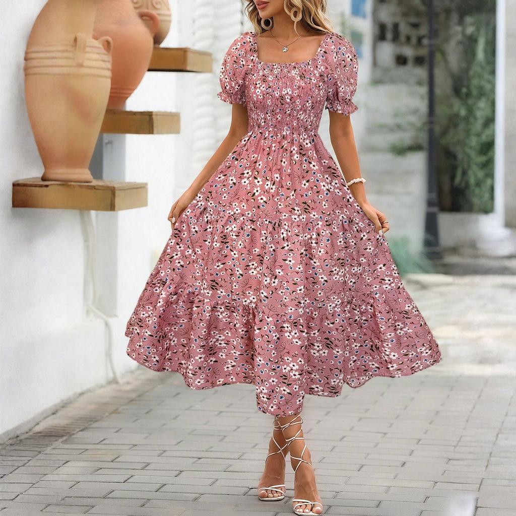 Women Square Neck Smocked Waist Layered Floral Dress with Ruffle Sleeves and Midi Length for Casual and Daily Wear