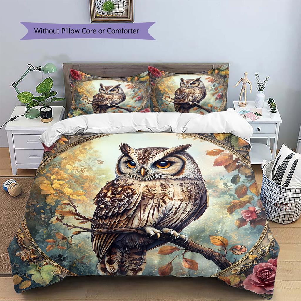 Eule auf Ast Muster Bettwäsche Quilt Set Heimdekoration Geschenk (1 Bettbezug + 2 Kissenbezüge, ohne Füllung)