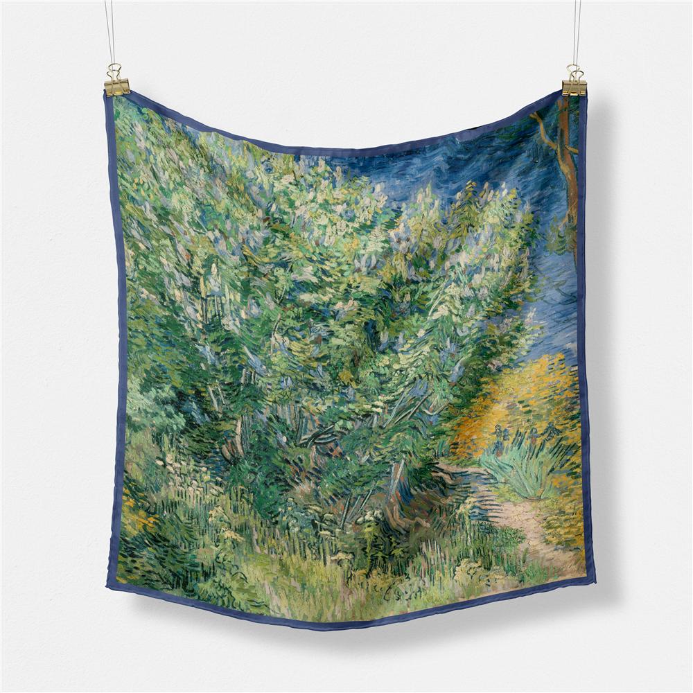 POBING Twill Silk Scarf Women Oil Painting Square Scarves Wraps Bandana Small Hijab Lady Foulards Tie Headband Neckerchief 53CM