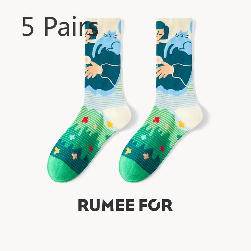 5 Pairs of Female Spring and Autumn Fashion New Sweat Absorbing Dopamine Tube Cotton Socks