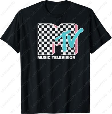 MTV Neon Distressed Checkered Logo Graphic Creative Adult Cotton Shirt MUSIC Television Retro Mens 1980s 1990S Cool Trend Tops