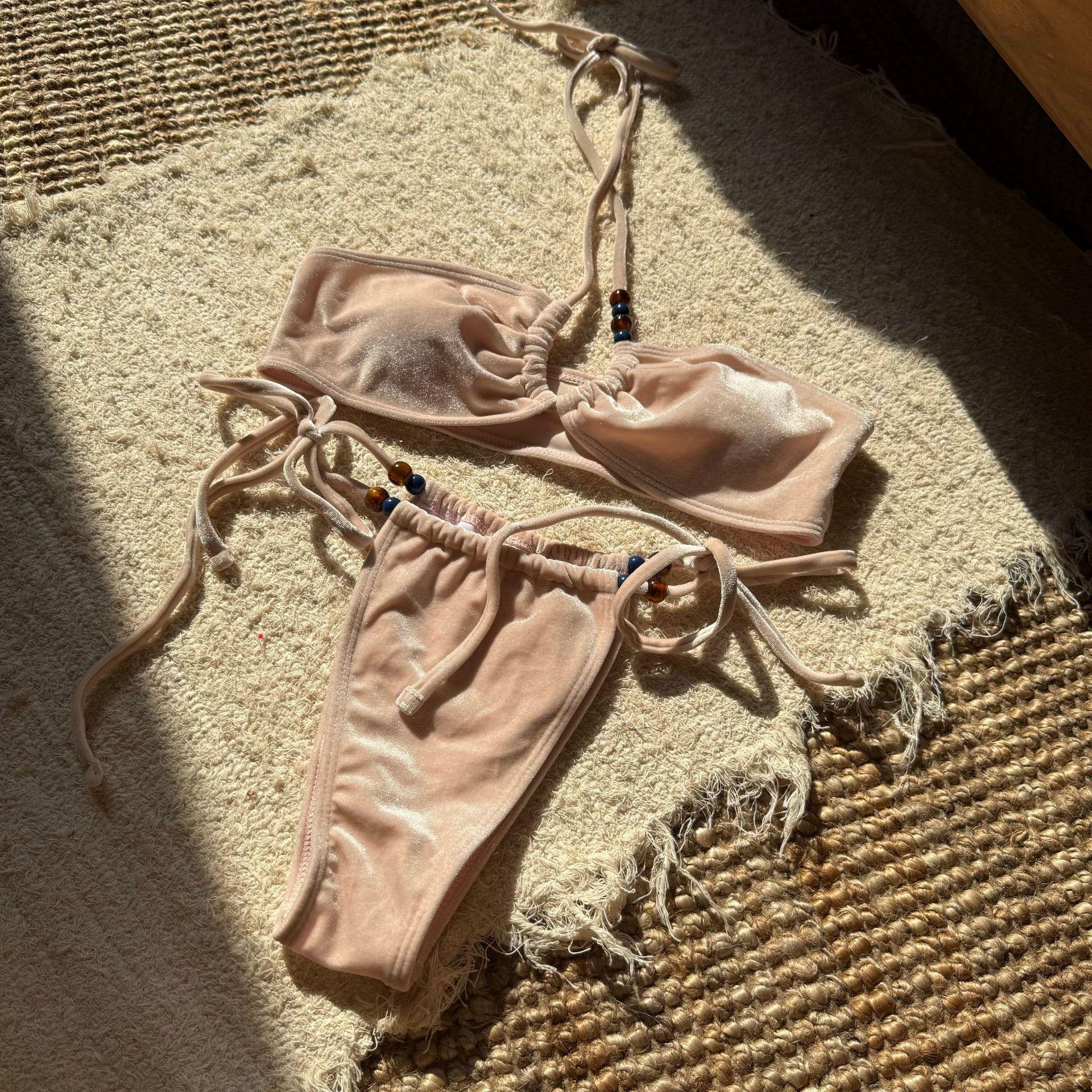 European and American velvet bright light beaded sexy lace-up split swimsuit bikini bikini S