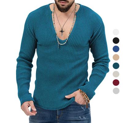 Men's Trend Spring and Autumn Deep V-neck Men's New Solid Color Knit Pullover