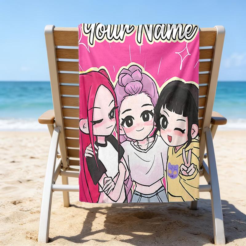 1pc KPop Demon Hunters28 Beach Towel with Custom Name, Beach/Swimming/Bath/Picnic/Camping Towel, Suitable for Seaside Beaches