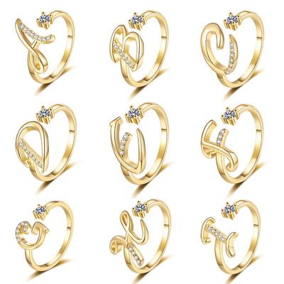 26-Letter Rhinestone Adjustable Open Ring - Women's Fashion and Luxury Accessory