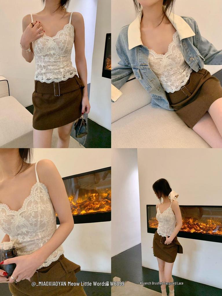 6099 French Style Lace Camisole with Fixed Cup for Women - Reduces Side Breast Bulge