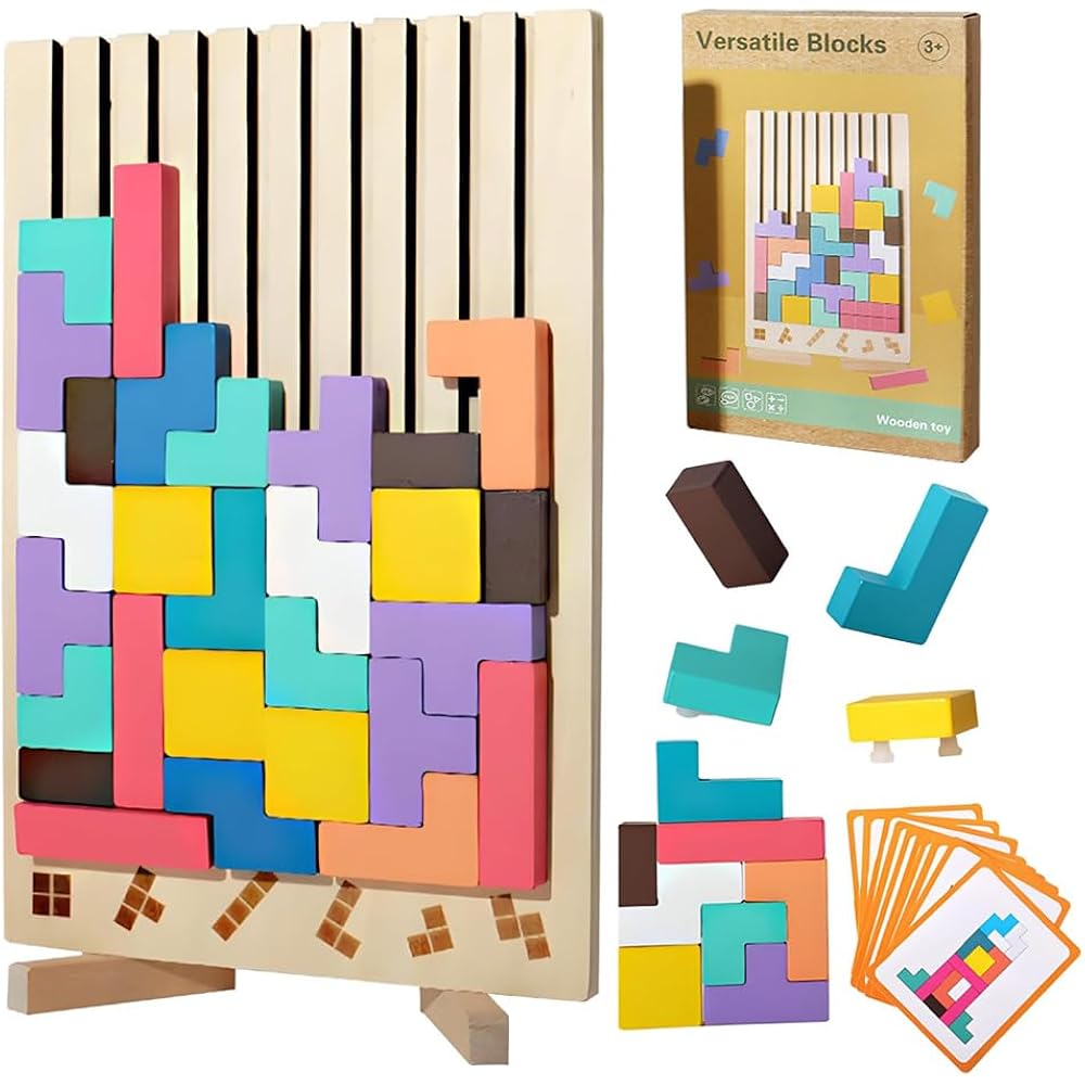 Wooden Tetris Puzzle Toy Game 3D Montessori Building Blocks Educational Puzzle Brain Training Tim...
