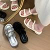 Evening Breeze Gentle Slippers Women's 2025 Summer New French Silver Sandals Seaside Beach Thick Heel Bow Women's Shoes