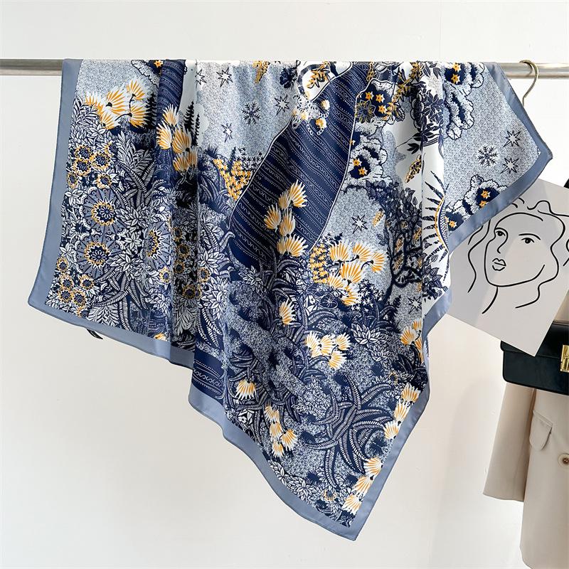 Striped Twill Silk Scarf: Large Square Shawl & Sunscreen Travel Headscarf - 90cm, Perfect for Spring & Autumn