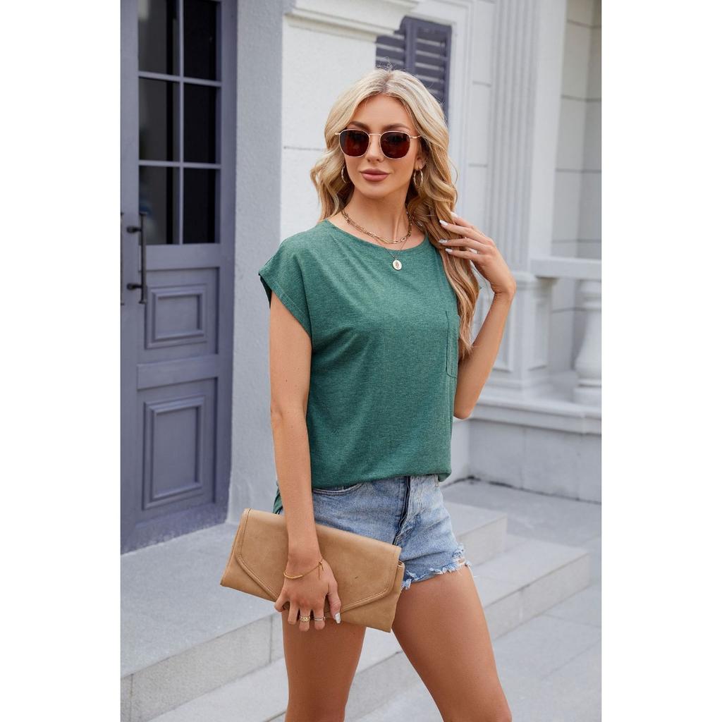 Spring Summer New Women's Loose Crew Neck Short Sleeve T-Shirt With Pocket Drop Shoulder Top Casual Tee For Crossborder Trade