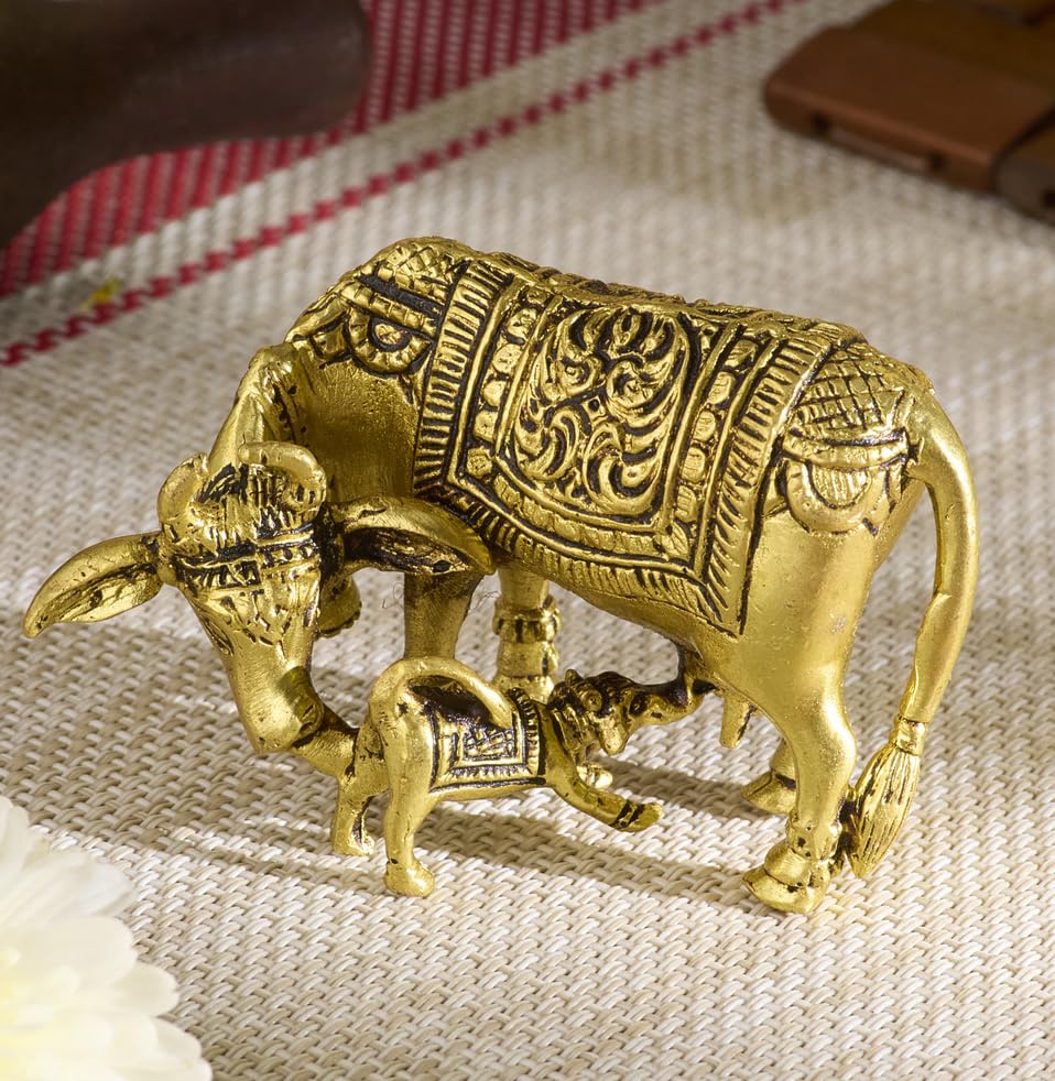 Pure Brass Holy Kamdhenu Cow & Calf Sculpture, Lucky Figurine Idol - 2 Inches