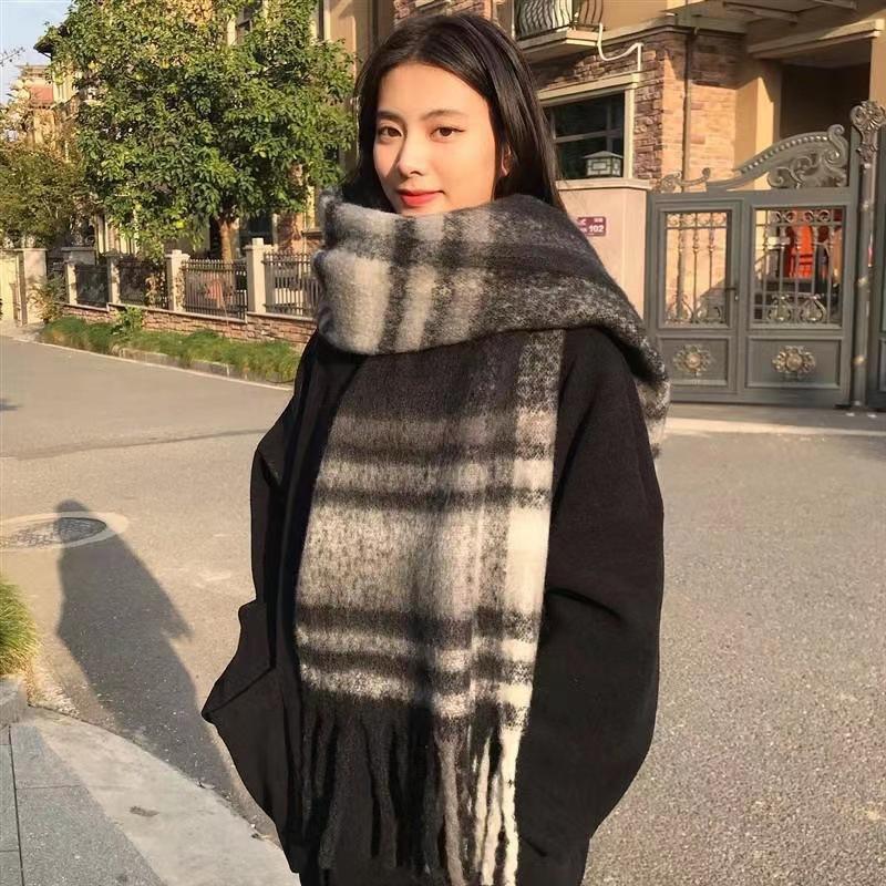 Mohair plaid scarf women's winter versatile tassel long thickened scarf retro contrasting color versatile shawl