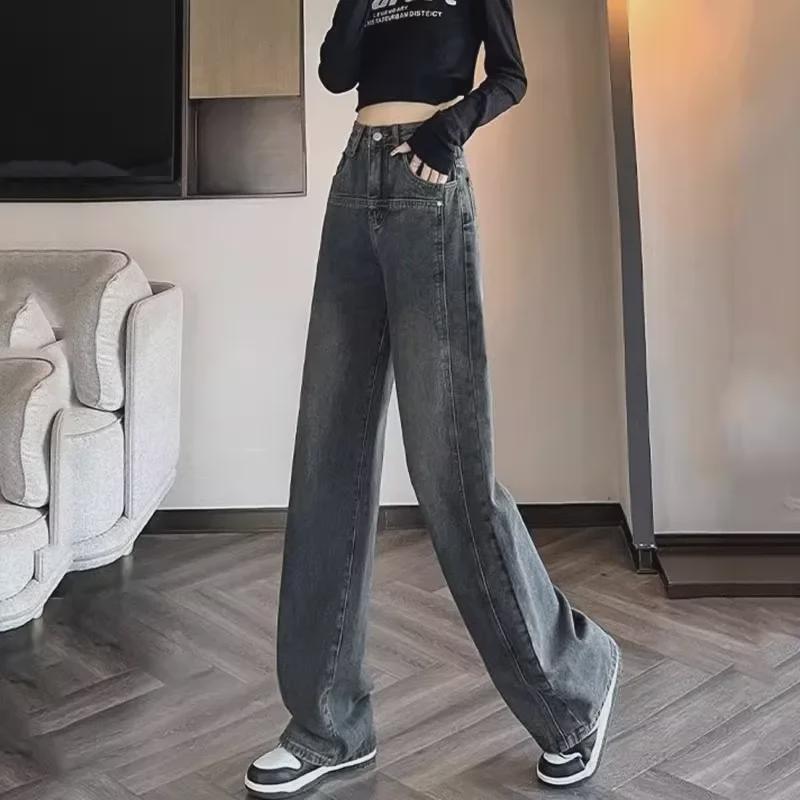 Pear-Shaped High-Waist Wide-Leg Jeans for Women - Cement Gray, Washed, Nostalgic Style, Floor-Length.
