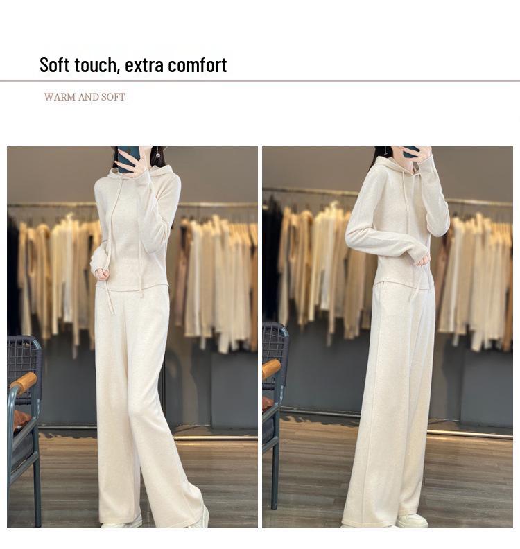 Autumn Gray Wool Slim-Fit Pants & Hooded Knit Sweatshirt Set - Korean Socialite Style