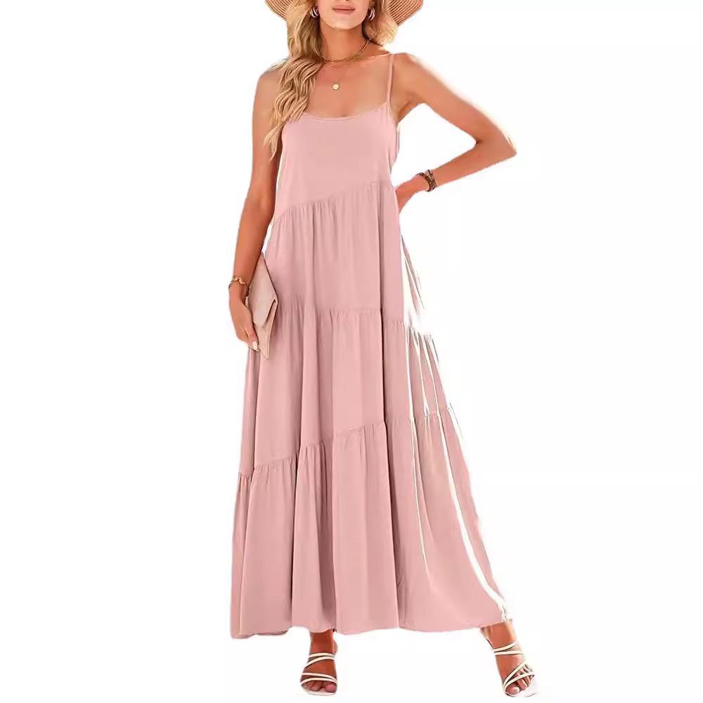 2026 Summer European Women's Pleated Irregular Strappy Long Beach Dress