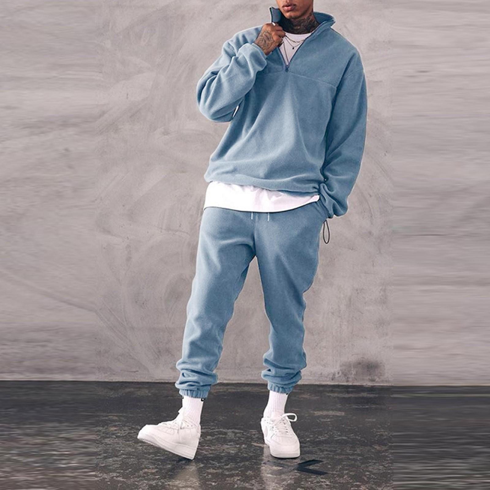 

2 шт., мужской модный однотонный свитер со стоячим воротником, повседневный спортивный домашний костюм M светло-синий