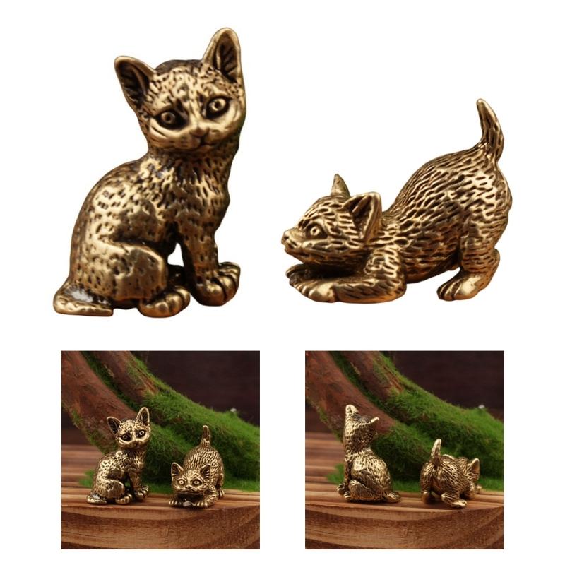 Vintage Brass Miniature Cats Figurine Handcrafted Home Decors Elegant Antique Desk Ornament Gift For Kitten Lover