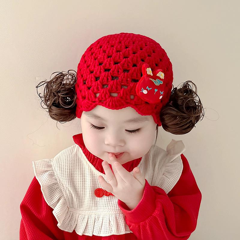 Red Knitted Baby Girl Princess Wig Hat - Festive New Year Wool Hat