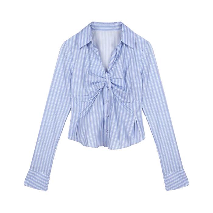 Women s Design Sense Spice Girl Striped POLO Neck Waist Skinny Long Sleeve Shirt S
