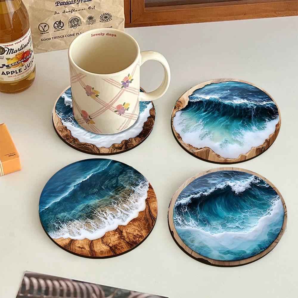 4Pcs New Blue Ocean Round Wooden Coaster for Home, Cafe, Party, Table Decoration, Coaster, Placemat Supplies