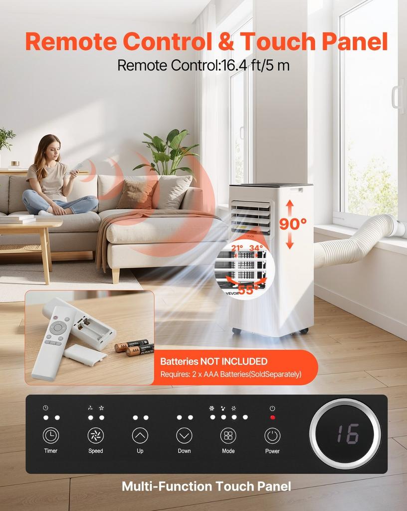 Portable Air Conditioner, 9000 BTU 2.6kW 3-in-1 Standing Cooling Ac Unit, LED Touch Panel & Remote Control, 24h Timer, Cooling/Dehumidifier/Fan Mode