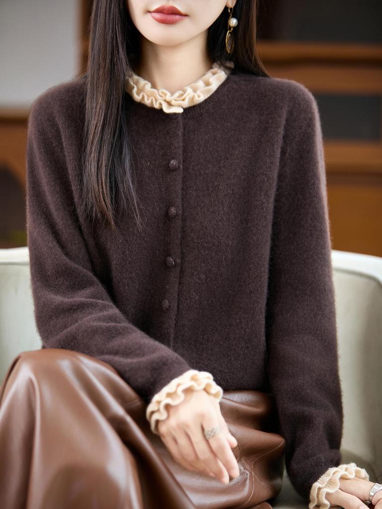 Women's Stylish Color Block Lace Knit Cardigan Sweater with Wood Ear Details and Button Closure for Fall and Winter