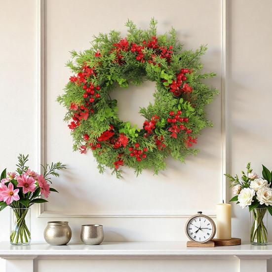 16 Inch Christmas Wreath with Red Berries Artificial Eucalyptus And Cedar Leaf Wreath for Holiday Front Door Wall Home Decoration