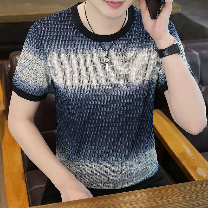 

High-quality Plaid Short-sleeved T-shirt Men s Ice Silk Summer New Trendy Brand Round Neck Quick-drying Half-sleeved Top XXL синій